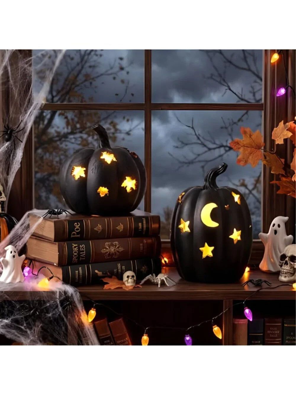 2 PCS Black Resin Light‑Up Pumpkin Figurine,5.3